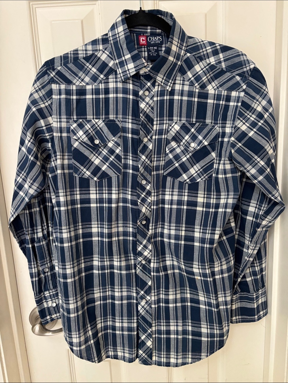 Chaps Navy and White Plaid Button-Down Shirt